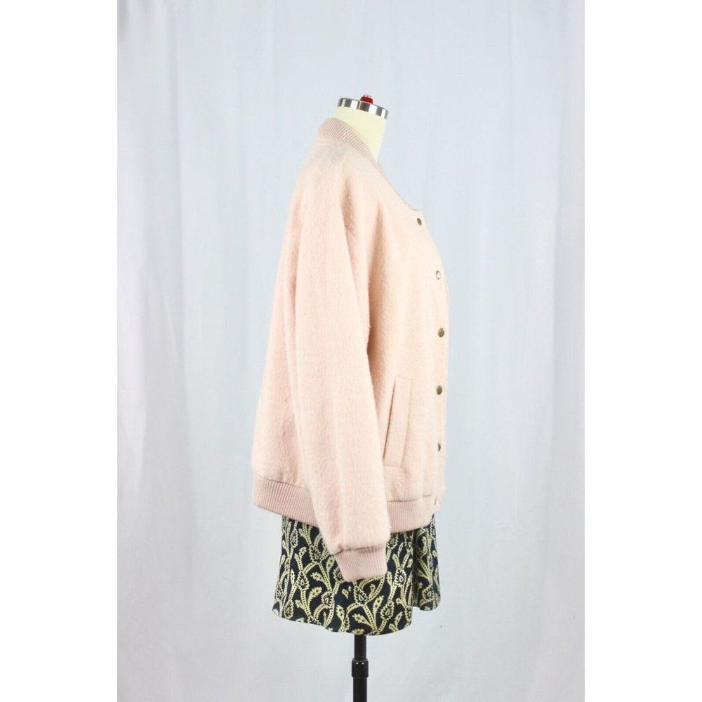 GANNI Inglewood Rose Smoke Pink Furry Wool Blend Varsity Bomber Jacket, Size L - Picture 4 of 15